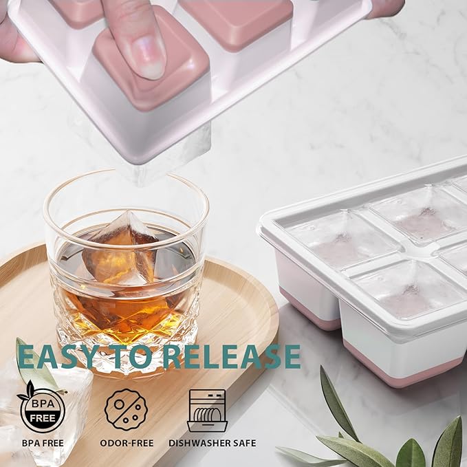 Optish Large Ice Cube Molds, 2 Pack Whiskey Square Ice Molds, 1.8 Inch Big Ice Cube Tray, Stackable Cocktail Ice Tray with Lid, Easy to Release (Pink) - Image 5