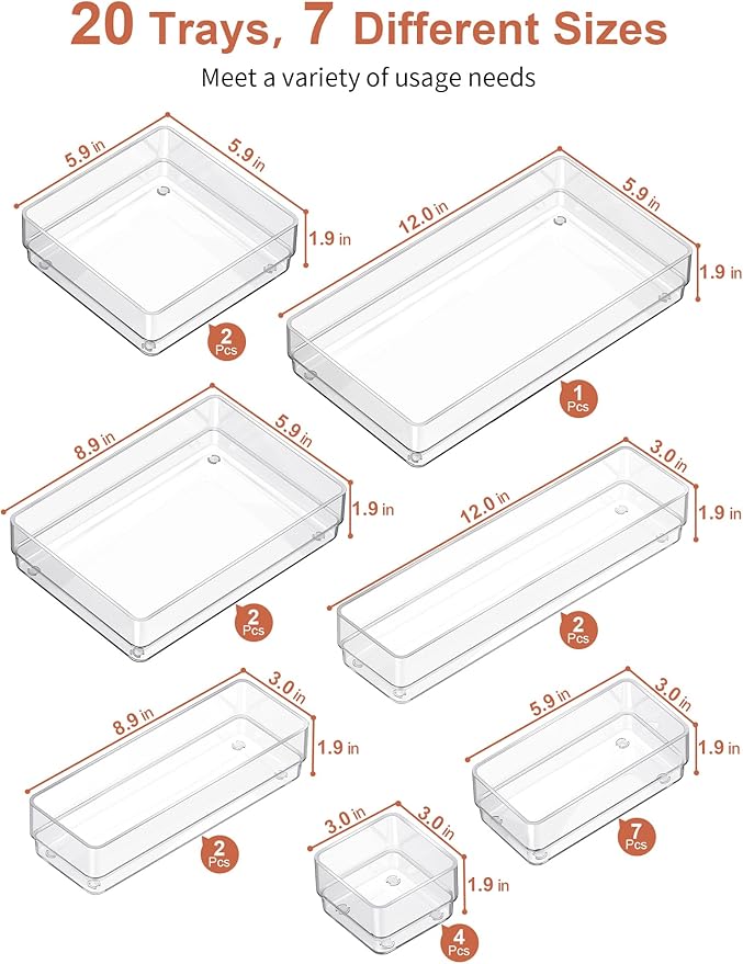 SMARTAKE 20-Piece Drawer Organizer with Non-Slip Silicone Pads, 7-Size Desk Drawer Organizer Trays Storage Tray for Makeup, Jewelries, Utensils in Bedroom Dresser, Office and Kitchen (Clear) - Image 2