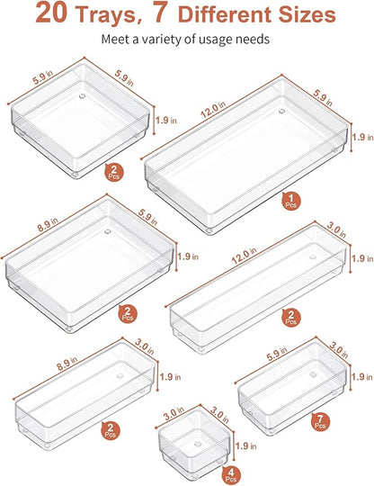 SMARTAKE 20-Piece Drawer Organizer with Non-Slip Silicone Pads, 7-Size Desk Drawer Organizer Trays Storage Tray for Makeup, Jewelries, Utensils in Bedroom Dresser, Office and Kitchen (Clear) - Image 2