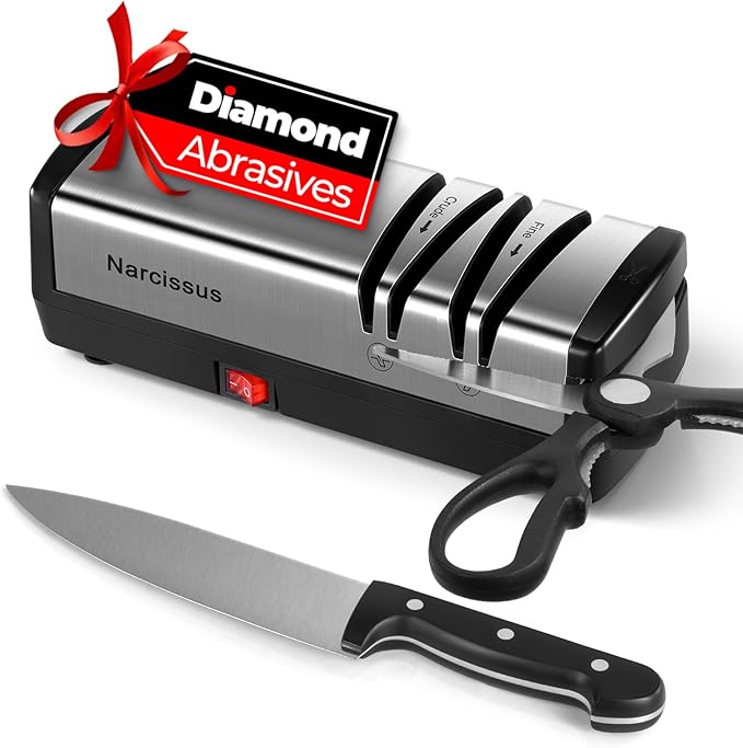 Narcissus Knife Sharpener, Diamond Abrasives Electric Knife Sharpener for Stainless Steel and Ceramic Knives, with Scissors Sharpener & Metal Dust Collection Box, Quick Sharpening & Polishing, Silver by Narcissus