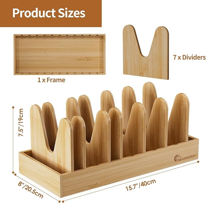 Housolution Bamboo Pot and Pan Organizer for Cabinet, Pot Lid Organizer with 7 Adjustable Dividers, Pan Holder Storage Rack with Solid Bamboo Wooden Base - Image 6
