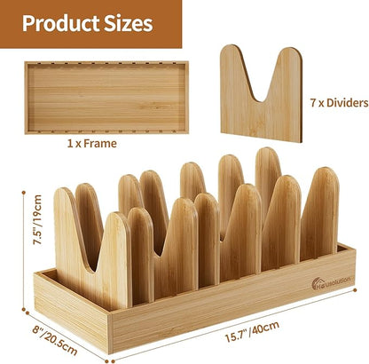Housolution Bamboo Pot and Pan Organizer for Cabinet, Pot Lid Organizer with 7 Adjustable Dividers, Pan Holder Storage Rack with Solid Bamboo Wooden Base - Image 6