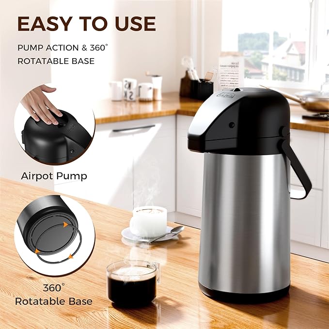 Coffee Carafe for Keeping Hot - Gezoss 64OZ / 1.9L Airpot Coffee Dispenser with Pump - Large Coffee Carafe for Hot Drinks Tea Liquid - Insulated Stainless Steel Hot Water Beverage Urn for Parties - Image 3