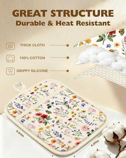 Slohif Silcone Flowers Pot Holders for Kitchen - 100% Cotton Beige Cute Oven Potholders with Pockets, Heat Resistant Square Thick Hot Pads, House New Home Baking Baker Gifts,2pack