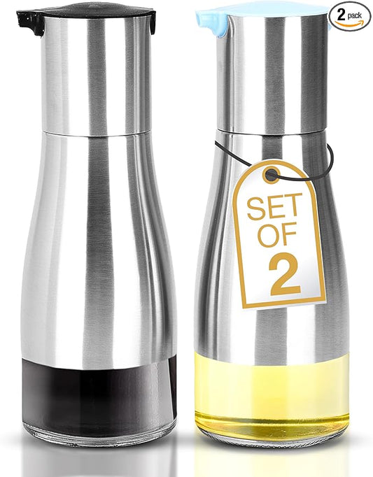 2LB Depot Oil and Vinegar Dispenser Set - Brushed Steel & Glass Containers with Anti-Drip Spout Lid - Easy-Clean - Olive Oil Dispenser Bottle - Minimalist Kitchen Accessory - 7.1"H x 2.7"L x 2.7"W
