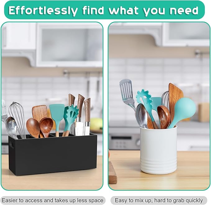 ALELION Large Utensil Holder with Removable Divider - 4 Compartment Wooden Utensil Caddy Organizer for Kitchen Counter - Black Cooking Utensil Crock for Countertop - Image 5