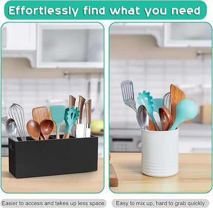 ALELION Large Utensil Holder with Removable Divider - 4 Compartment Wooden Utensil Caddy Organizer for Kitchen Counter - Black Cooking Utensil Crock for Countertop - Image 5