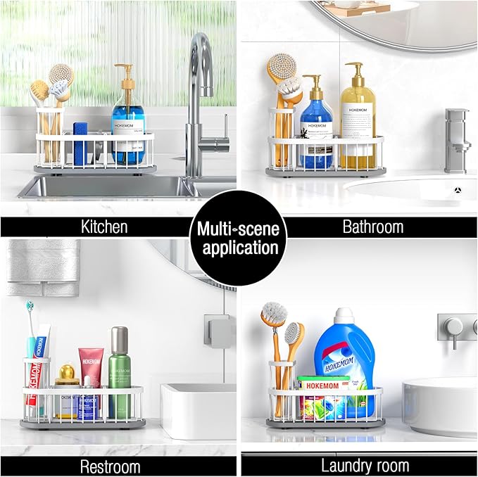 Sponge Holder for Kitchen Sink with High Brush Holder, [Stay-Dry Anywhere & No Drainage Needed] Rustproof Stainless Steel Kitchen Sink Caddy Organizer with Water Absorbing Stone Tray, White - Image 7
