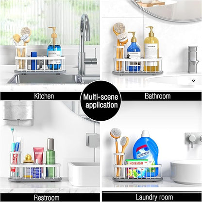 Sponge Holder for Kitchen Sink with High Brush Holder, [Stay-Dry Anywhere & No Drainage Needed] Rustproof Stainless Steel Kitchen Sink Caddy Organizer with Water Absorbing Stone Tray, White - Image 7