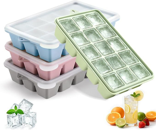 Silicone Ice Cube Trays with Lid, Set of 4, Easy Release Ice Molds, Reusable and Stackable Ice Trays for Freezer for Cocktail, Whiskey, Baby Food, BPA Free (multicolour) by PETHous