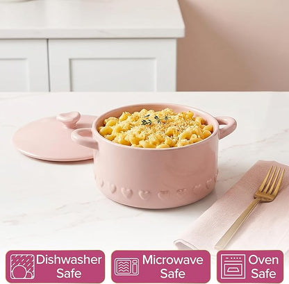 Paris Hilton Iconic Ceramic Stoneware Casserole Dish With Lid, Oven Safe Up To 450°F, Dishwasher & Microwave Safe, 28oz, Pink with Embossed Heart Design - Image 2