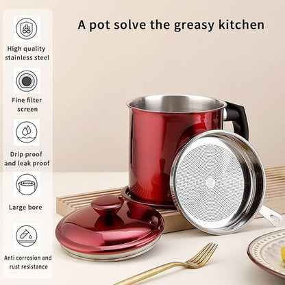 Kyraton Bacon Grease Container With Strainer, 48 oz Metal Shining Red Stainless Steel Oil Container, Pot Fat Storage With Lid, Easy Grip Handle Suitable For Storing Frying Oil And Cooking Grease
