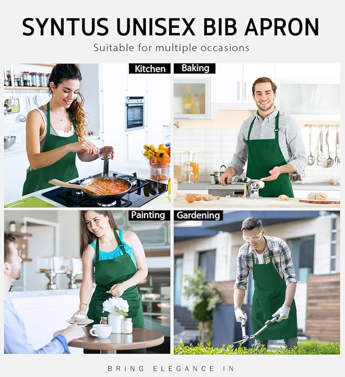Syntus 12 Pack Bib Apron, Unisex Aprons Adjustable Waterdrop Resistant with 2 Pockets Cooking Kitchen Apron for Chef, BBQ Drawing Apron Bulk, Dark Green - Image 7