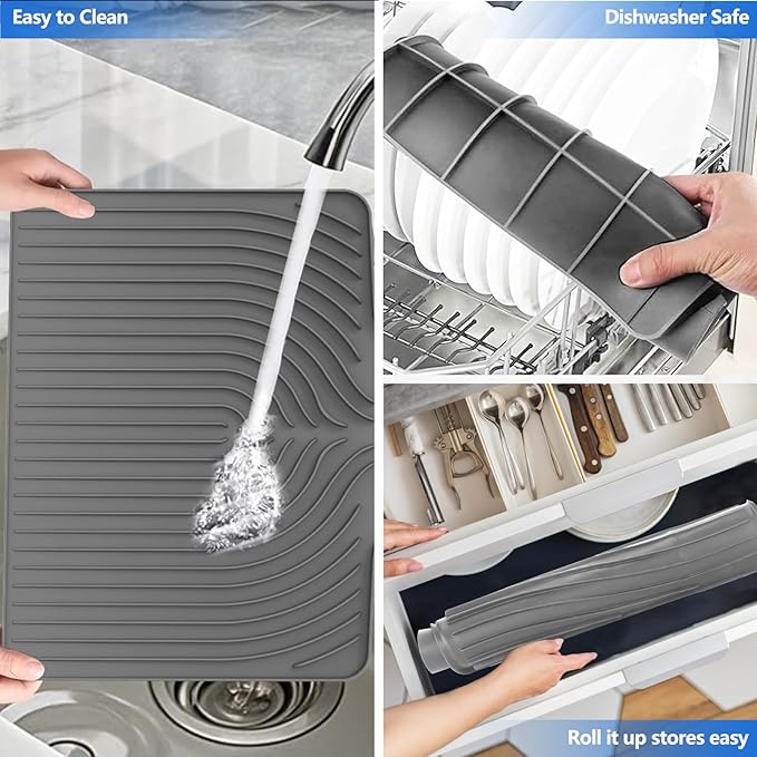Dish Drying Mat for Kitchen Counter, with Built-in Drain Wide Lip, Food-Grade Silicone, Easy Clean Pad for Countertop Protection, Multi-Functional Use (18×12 Wide Lip, Grey) - Image 3