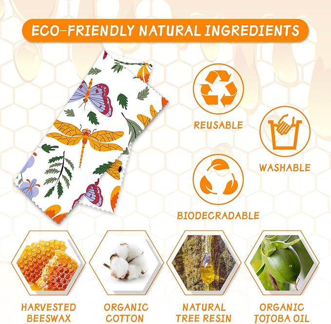 Beeswax Wrap, Beeswax Wraps For Food, Organic, Sustainable, Beeswax Food Wrap for Sandwich Storage, Reusable Beeswax Food Wrap 1L, 5M, 3S Butterfly Patterns Beeswax Paper, 9 Pack Set - Image 2