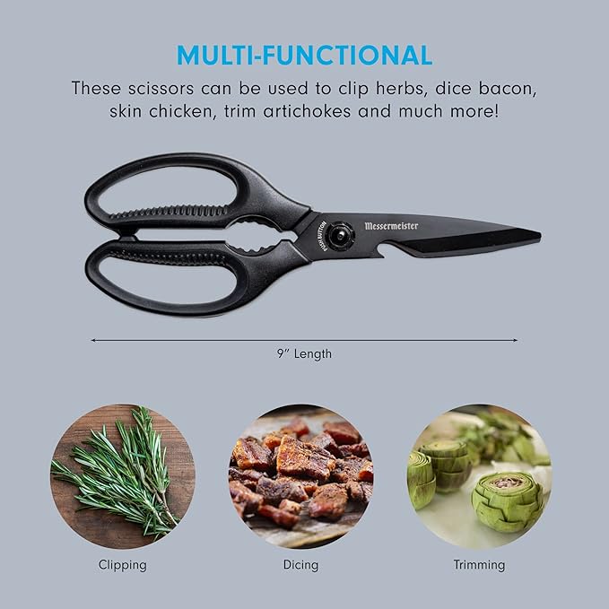 Messermeister 9-Inch Push Button Take-Apart Shears - High-Carbon Stainless Steel & Soft-Grip Handles - Includes Nut Cracker & Bottle Opener - Image 3