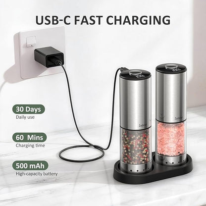 Rechargeable Electric salt and pepper grinder set with Storage Base,Automatic Refillable Salt and Pepper Shakers with LED Display,Upgraded Large Capacity,External Adjustable Coarseness for Mom Gifts