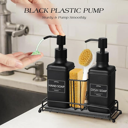 VIMERPA Dish Soap Dispenser with Adjustable Sponge Holder, 10 fl oz Kitchen Hand and Dish Soap Dispenser Set, Matte Black Bottle and Vintage Design