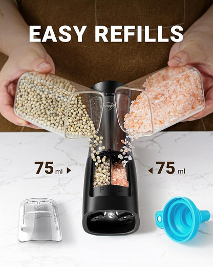 Sangcon Electric Salt and Pepper Grinder Set Shakers 2 IN 1 - USB RECHARGEABLE Salt and Pepper Mill Set All in One, Automatic Refillable Adjustable Coarseness Ceramic Grinder with Light - Image 5