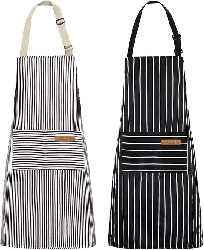 NLUS 2 Pack Kitchen Cooking Aprons, Adjustable Bib Soft Chef Apron with 2 Pockets for Men Women(Black/Brown Stripes) by NLUS