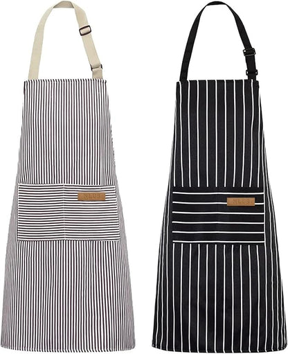 NLUS 2 Pack Kitchen Cooking Aprons, Adjustable Bib Soft Chef Apron with 2 Pockets for Men Women(Black/Brown Stripes) by NLUS