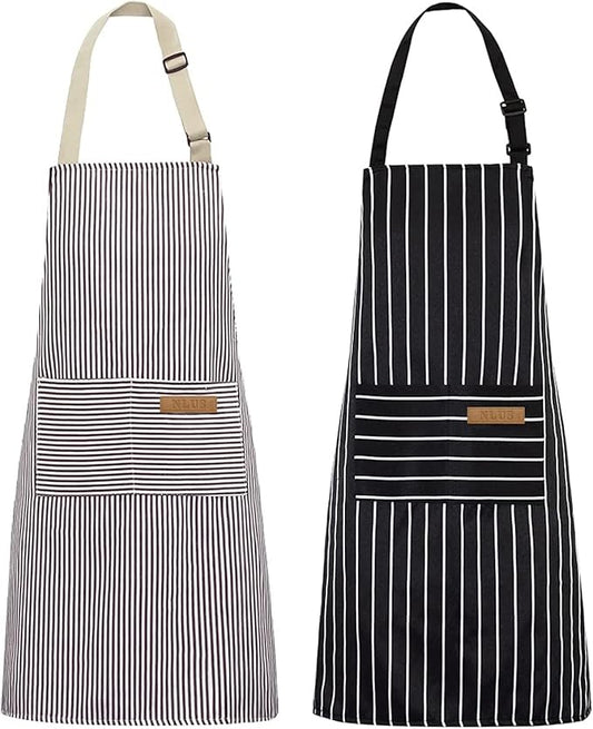 NLUS 2 Pack Kitchen Cooking Aprons, Adjustable Bib Soft Chef Apron with 2 Pockets for Men Women(Black/Brown Stripes) by NLUS