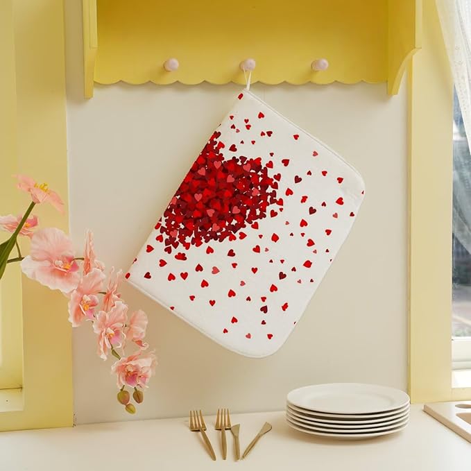 Valentines Day Dish Drying Mat 18 x 24 inch Red Hearts Decorative Drying Mats Microfiber Absorbent Love Heart Dish Washable Draining Mat for Kitchen Counter Decor