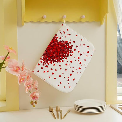 Valentines Day Dish Drying Mat 18 x 24 inch Red Hearts Decorative Drying Mats Microfiber Absorbent Love Heart Dish Washable Draining Mat for Kitchen Counter Decor