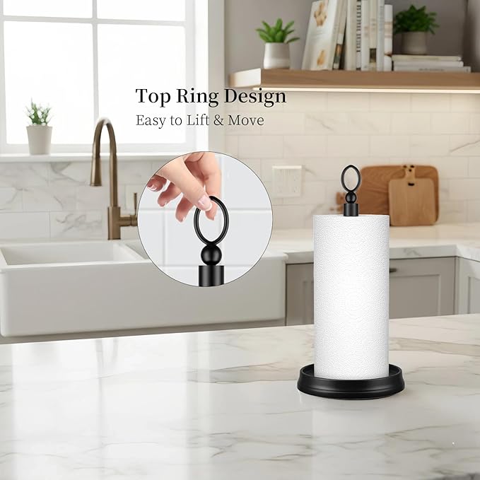 Kasunto Standing Paper Towel Holder, Non-Slip Paper Towel Roll Holder for Bathroom, Stainless Steel Kitchen Paper Towel Stand Countertop (Matte Black, 2 Pack)