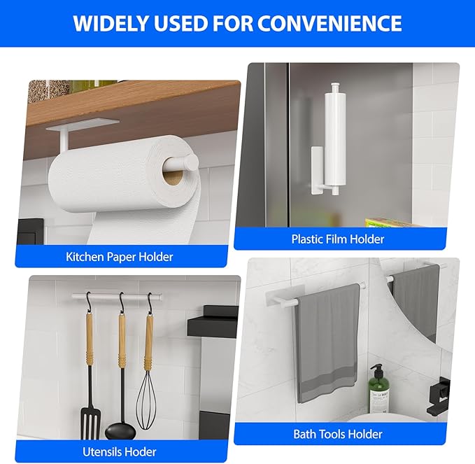 Paper Towel Holder Under Cabinet, Self-Adhesive,No Drilling, Stainless Steel, Wall-Mounted for Kitchen and Bathroom, Easy Install, Durable, Space-Saving, Ideal for Home, RV (White, 2 Pack) - Image 3