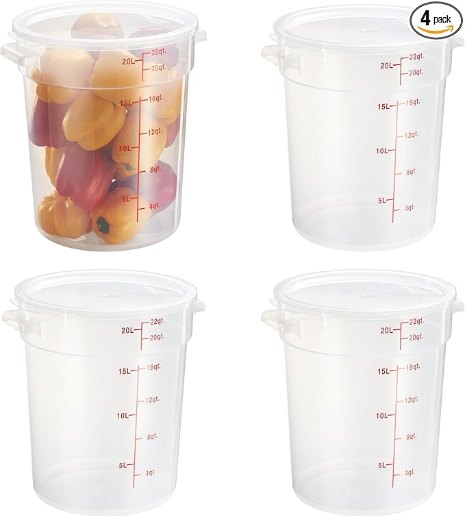 CURTA 22 Quart Translucent Round Food Storage Container with Lid, Pack of 4 – NSF Listed, BPA-Free, Commercial-Grade Polypropylene, Freezer & Dishwasher Safe, Non-Stick, Easy-Read Graduations