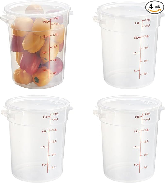 CURTA 22 Quart Translucent Round Food Storage Container with Lid, Pack of 4 – NSF Listed, BPA-Free, Commercial-Grade Polypropylene, Freezer & Dishwasher Safe, Non-Stick, Easy-Read Graduations
