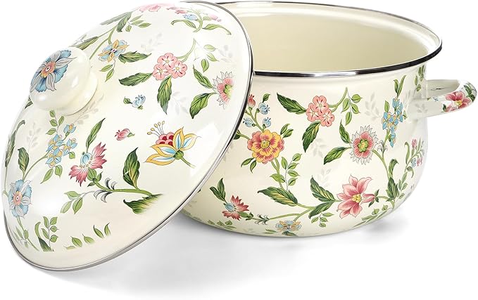 Jucoan 5 Quart Enamel Stockpot with Lid, Green Floral Enamelware Cooking Pot with Dual Handles for Stovetop, Large Soup Pot Potpourri Simmer Pot Gift for Housewarming Bridal Shower Mother's Day - Image 3