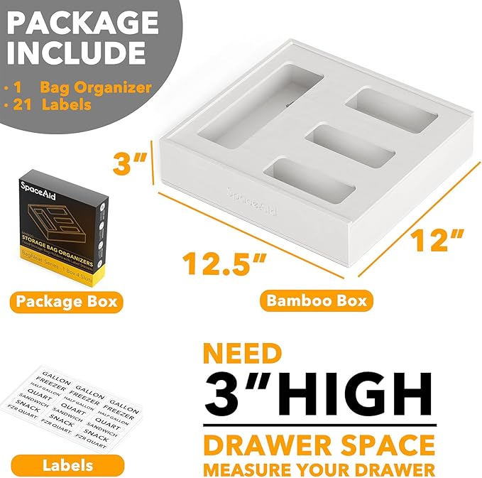 SpaceAid Bag Storage Organizer for Kitchen Drawer, Bamboo Organizer, Compatible with Gallon, Quart, Sandwich and Snack Variety Size Bag (1 Box 4 Slots), White - Image 3