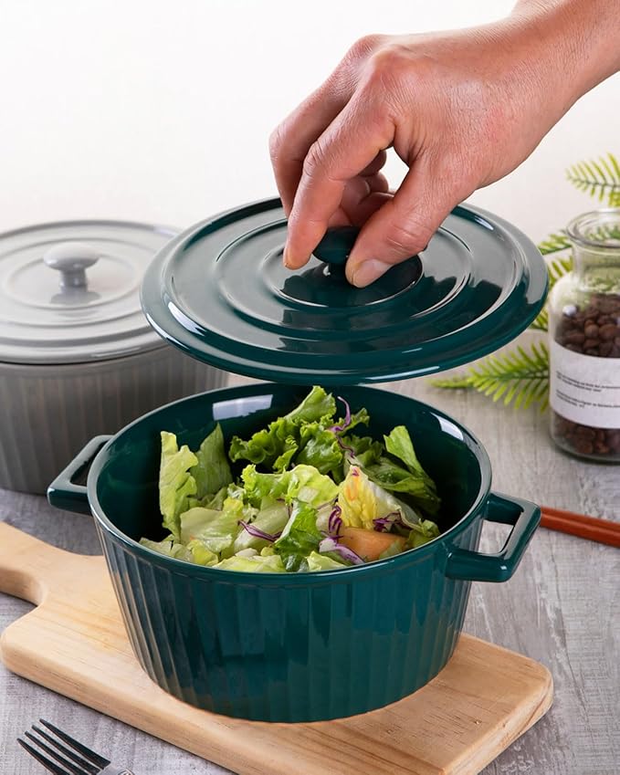 WHJY Green Colorful Ceramic Casserole Dish with Lid，1 Quart Ceramic Casserole Pan for Bakeware Oven