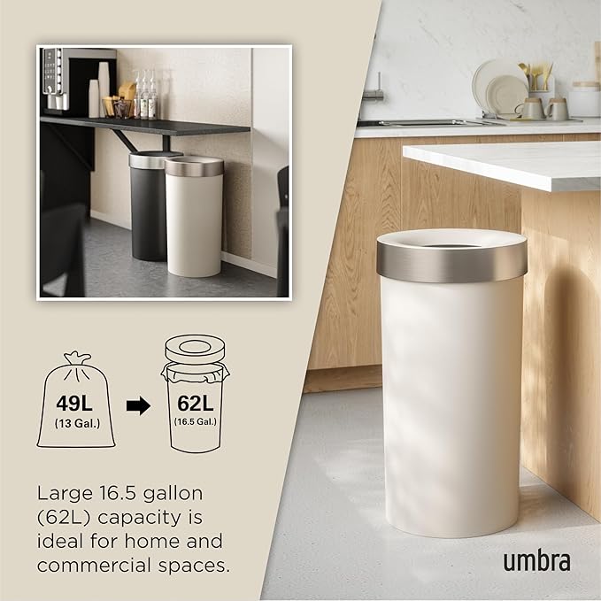 Umbra Vento Kitchen Trash Can – Large 16 Gal (62 L) Open Top Garbage Can for Home & Office – Modern Clean Design, Sand