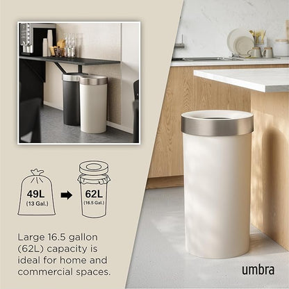 Umbra Vento Kitchen Trash Can – Large 16 Gal (62 L) Open Top Garbage Can for Home & Office – Modern Clean Design, Sand