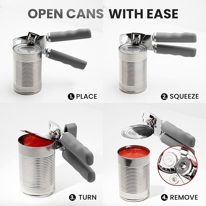 Zulay Kitchen Heavy Duty Stainless Steel Can Opener Manual with Bottle Opener - Rust Proof Manual Can Opener With Turn Knob & Comfy Soft Grip Handles - Light Gray - Image 6