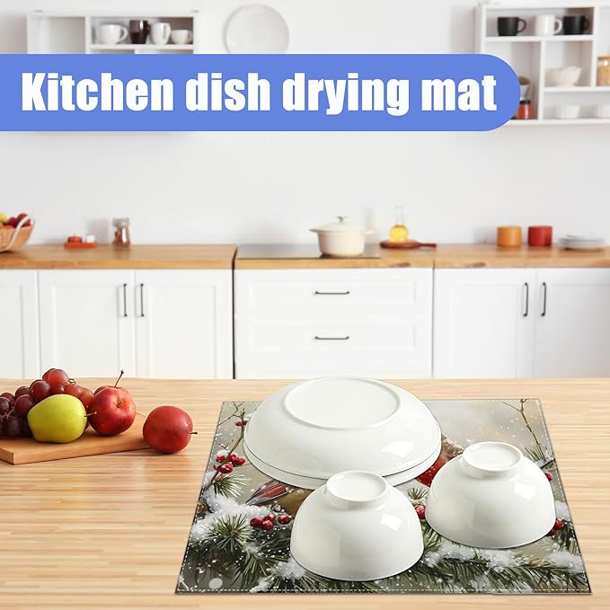 Winter Cardinal Bird Dish Drying Mat for Kitchen Counter Snow Drying Pad Absorbent Reversible Dish Drainer Rack Mats Draining Pad 18"x24"Inch - Image 6