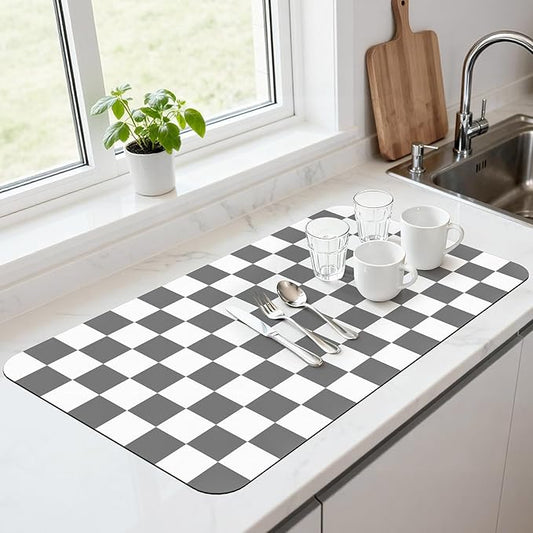 17" x 32" Checkered Dish Drying Mat for Kitchen Counter, Absorbent Coffee Bar Mat for Espresso Machine Coffee Countertops Accessories, Grey by Unknown