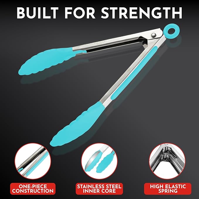 Kitchen Tongs with Silicone Tips Set of 3 Heat Resistant Tongs for Serving Food, 7-Inch, 9-Inch, 12-Inch Locking Silicone Tongs for Cooking, Salad Tong, Aqua Kitchen Utensils - Image 4