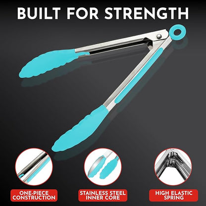 Kitchen Tongs with Silicone Tips Set of 3 Heat Resistant Tongs for Serving Food, 7-Inch, 9-Inch, 12-Inch Locking Silicone Tongs for Cooking, Salad Tong, Aqua Kitchen Utensils - Image 4