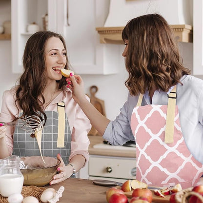 2 Pieces Aprons for Women with Pockets, Cotton Linen Waterproof Kitchen Cooking Aprons, Chef Apronfor Men Women with Adjustable Neck Strap and Long Ties(Pink/Grey)