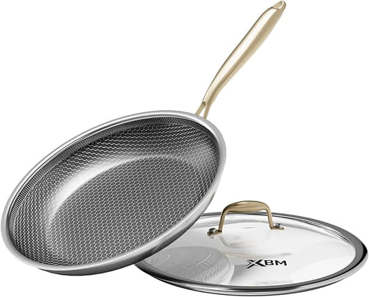 Nonstick Frying Pan with Lid 10-Inch, Durable Stainless Steel Skillet, Induction Cooktop Compatible, PFOA-Free Scratch-Proof, Dishwasher & Oven Safe, Stay-Cool Handle, Silver Kitchen Cookware by XBM