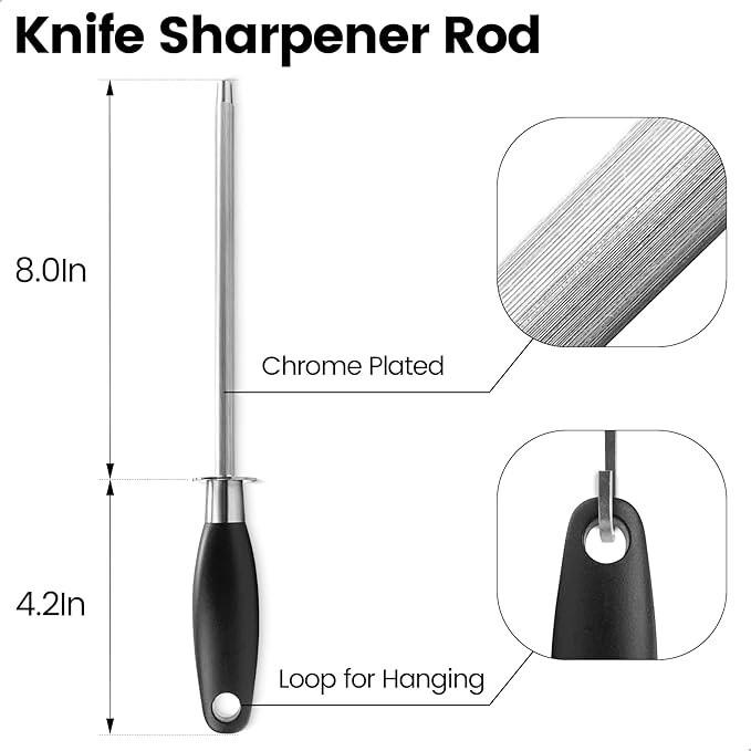 Kitchen Knife Sharpener Rod, Fast Sharpening Professional Blade Sharpener Carbon Steel, Chrome Plated Honing Rod With Hanging Hole, Black 8 Inch - Image 2