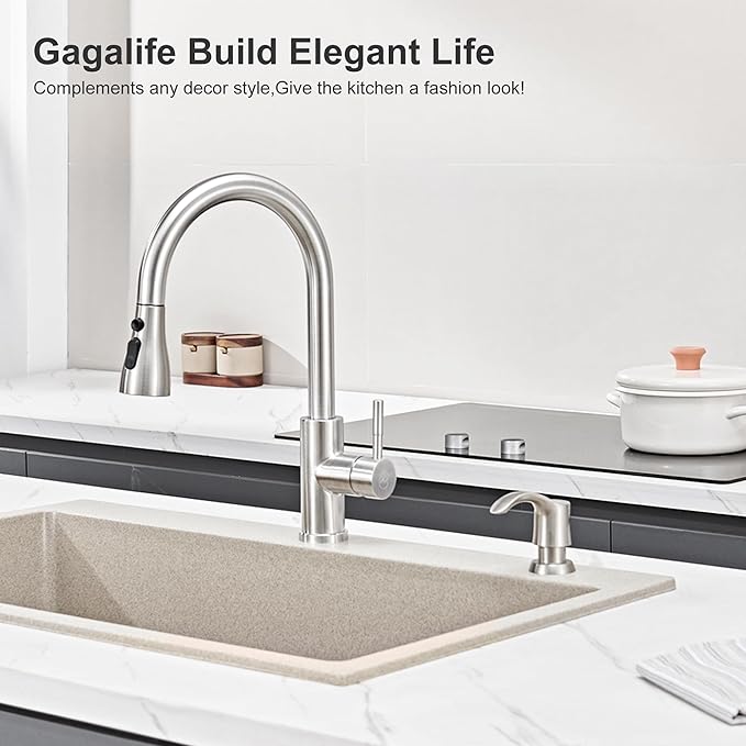 GAGALIFE Kitchen Sink Soap Dispenser with 17 Ounce Large Bottle (Brushed Nickel), Built in Sink Soap Dispenser Sink Mounted Soap Dispenser Refill from Top, G080BN
