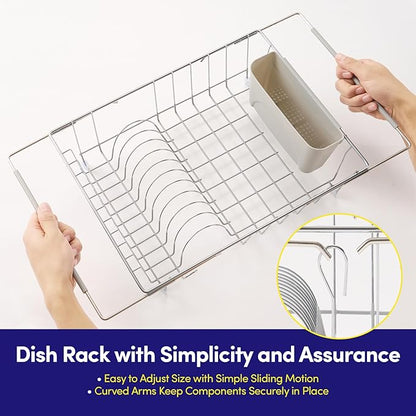 Dish Drying Rack Over The Sink Expandable to 24.5" Dish Drainer — Space-Saving Rectangular Kitchen Extending Drying Station with Utensil Holder, Fits Most Sinks for Easy Dish Organization, Silver - Image 5
