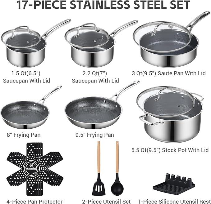 Ammeloo 17 Pcs Nonstick Stainless Steel Cookware Set, Hybrid Stainless Steel Pots and Pans Set Non Stick, Non Toxic Kitchen Cookware Sets, Dishwasher & Oven Safe, Induction & All Cooktop Compatible - Image 3