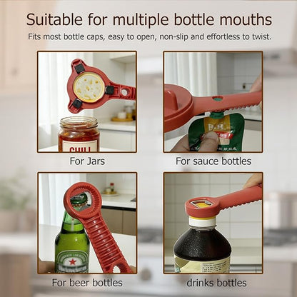 4-in-1 Jar Opener, Adjustable Jar Opener for Seniors, Kitchen Tool Designed Specifically for Seniors and Those with Limited Physical Strength, Suitable For Beer, Salad Dressing, Jar (Red)