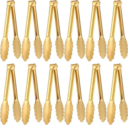 Dimeho 12 Pack Stainless Steel Buffet Tong Gold Serving Tongs 9 Inch Buffet Utensils Heavy Duty Durable Clamps Metal Kitchen Clip for Salad Steak Wedding Party Banquet Gathering
